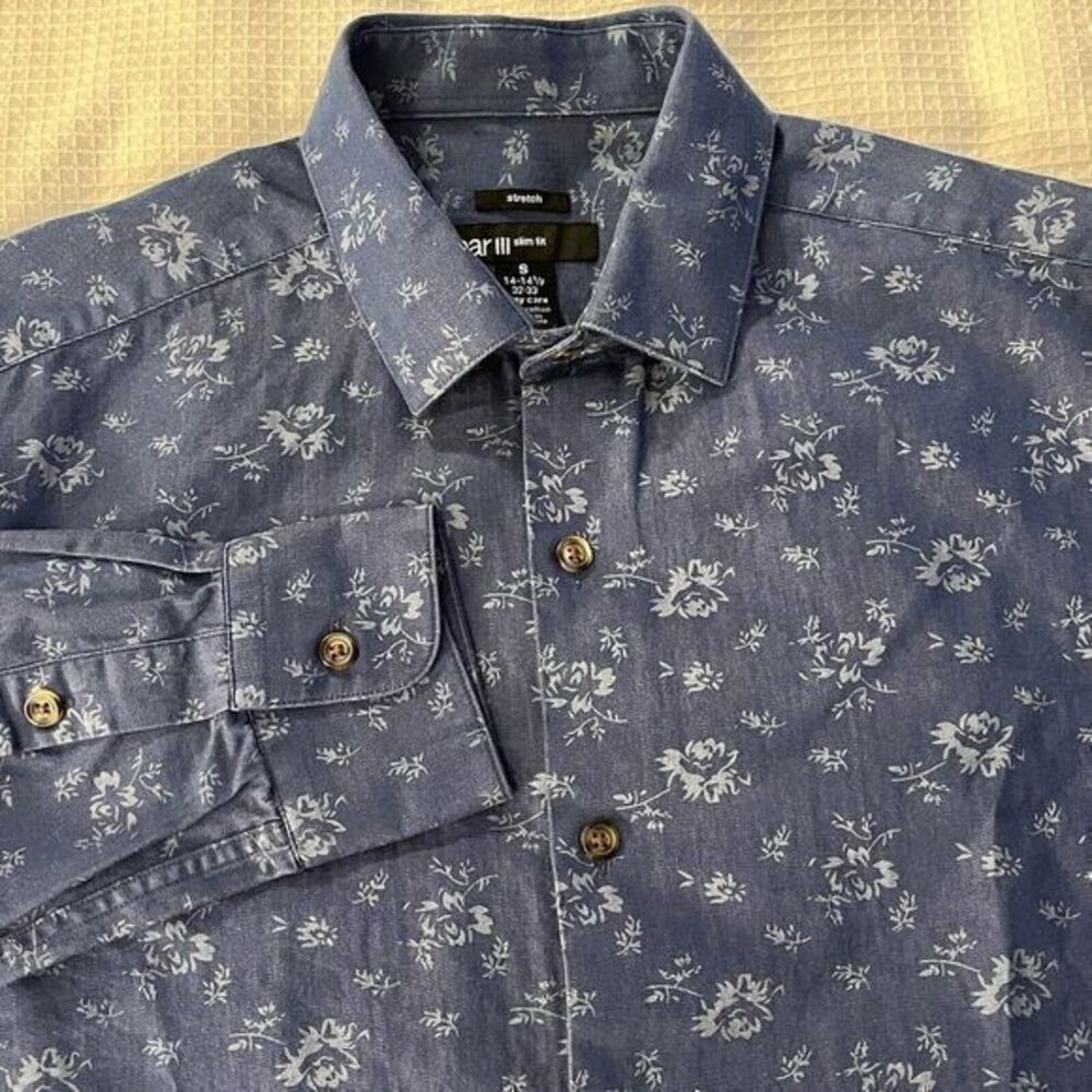 Bar III Men's Small 14-14.5 Shirt Slim Fit Chambray Floral Print Stretch Blue